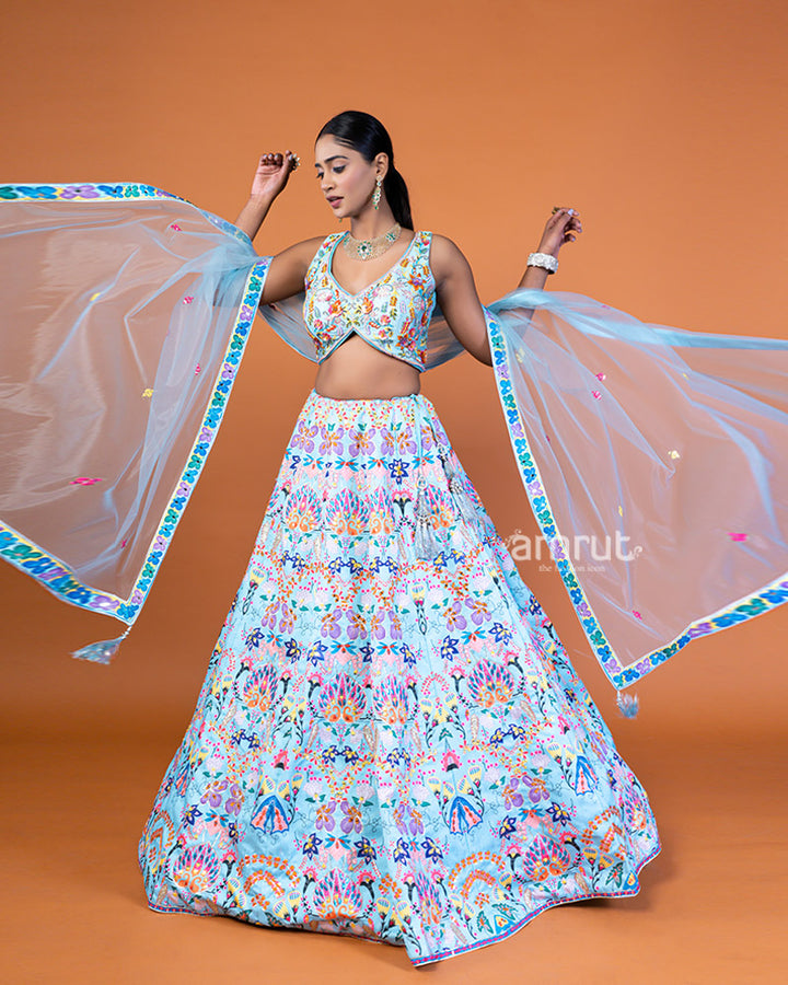 Light Blue Embroidered Lehenga Choli with Floral Pattern and Sheer Dupatta