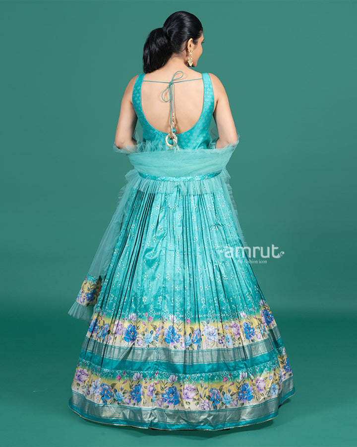 Light Teal Printed Tiered Gown with Dupatta