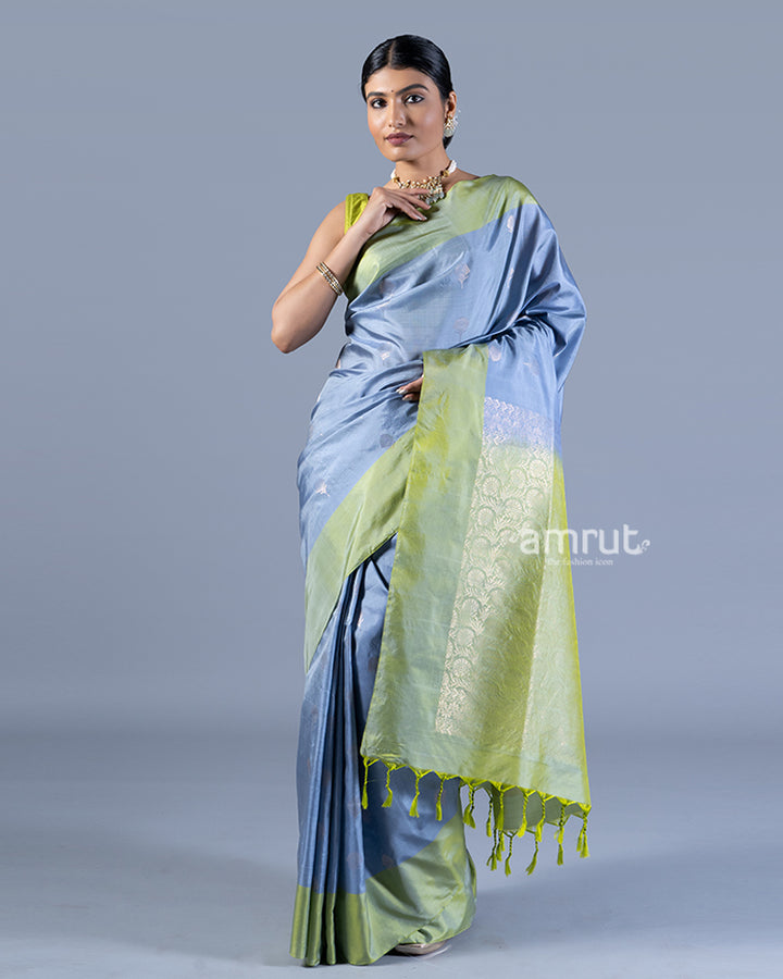 Light Gray and Lime Green Silver Zari Woven Embellished Silk Saree with unstitched blouse