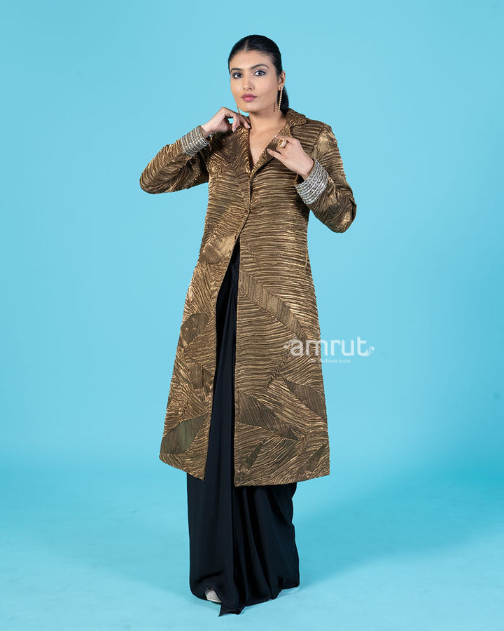 Golden-Bronze Textured Jacket with Black Floor-Length Skirt with Slit