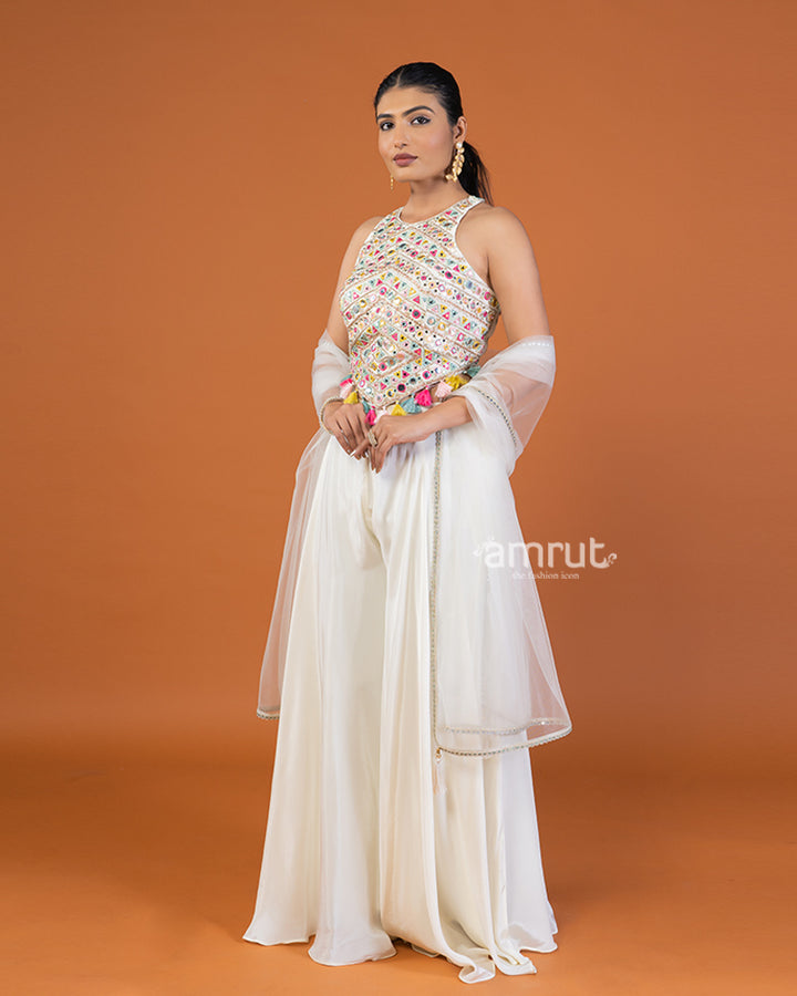 White Palazzo with Embroidered Embellished Crop Top and Dupatta