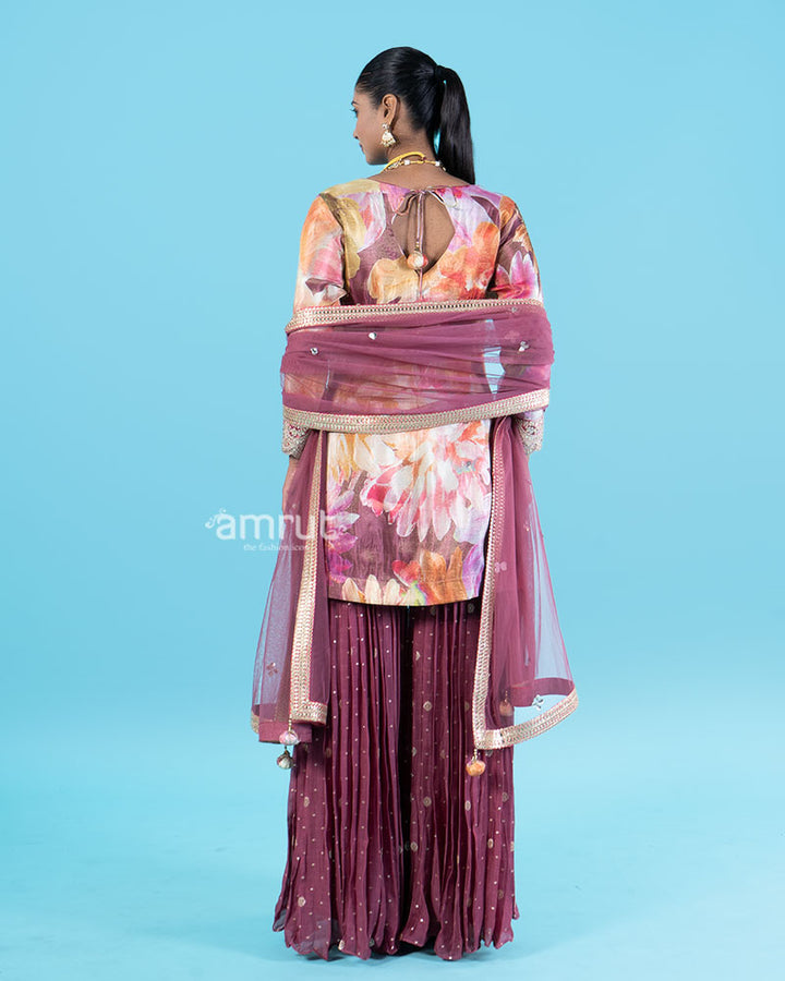 Floral Printed Kameez with Embellished Maroon Salwar and  Dupatta