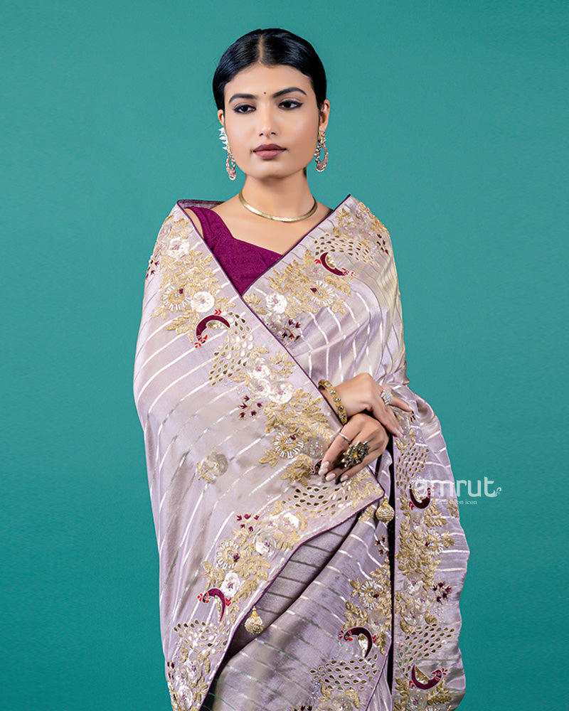 Light Mink Pink Saree with Zardozi Border Detailing and Unstitched Blouse