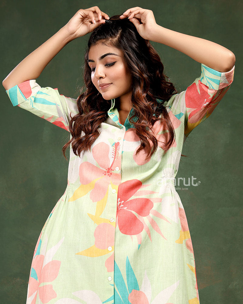 Multicolored Floral Printed Organic Button-down Dress