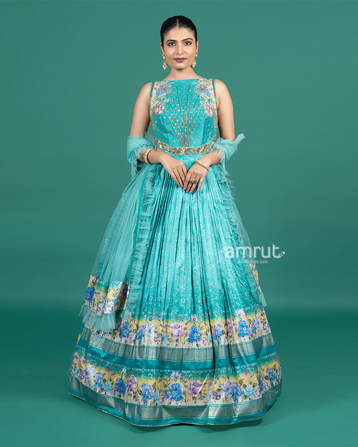 Light Teal Printed Tiered Gown with Dupatta