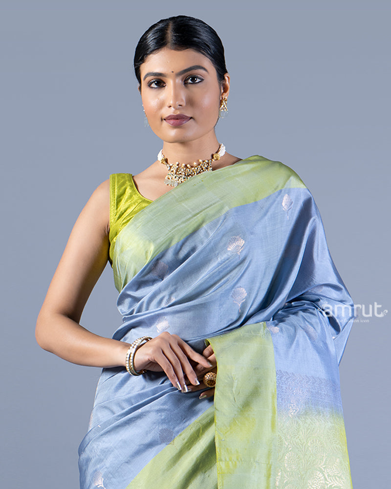 Light Blue and Lime Green Silver Zari Woven Embellished Silk Saree with unstitched blouse