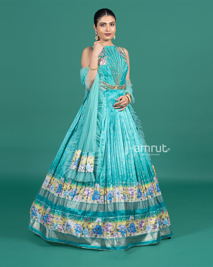 Light Teal Printed Tiered Gown with Dupatta