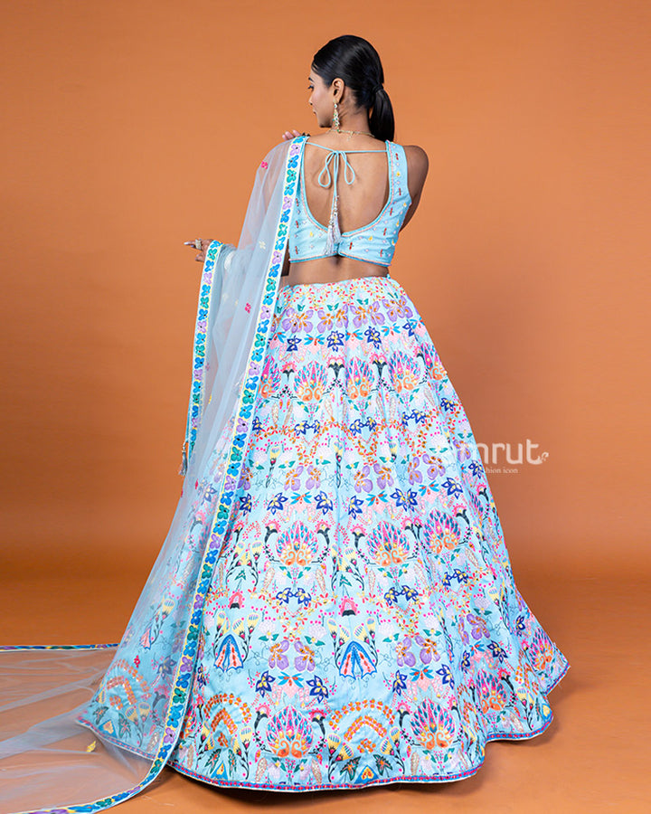 Light Blue Embroidered Lehenga Choli with Floral Pattern and Sheer Dupatta