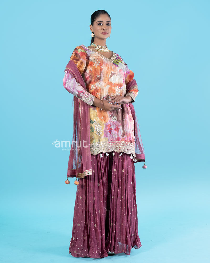 Floral Printed Kameez with Embellished Maroon Salwar and  Dupatta