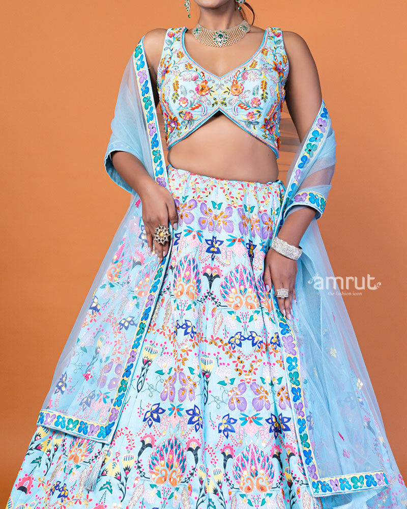 Light Blue Embroidered Lehenga Choli with Floral Pattern and Sheer Dupatta