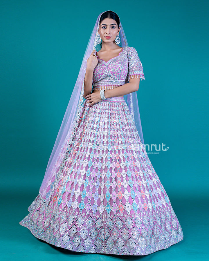 Pastel Embellished A-Line Lehenga with Sweetheart Neckline Choli and Sheer Lilac Dupatta