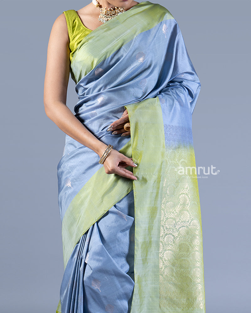 Light Gray and Lime Green Silver Zari Woven Embellished Silk Saree with unstitched blouse