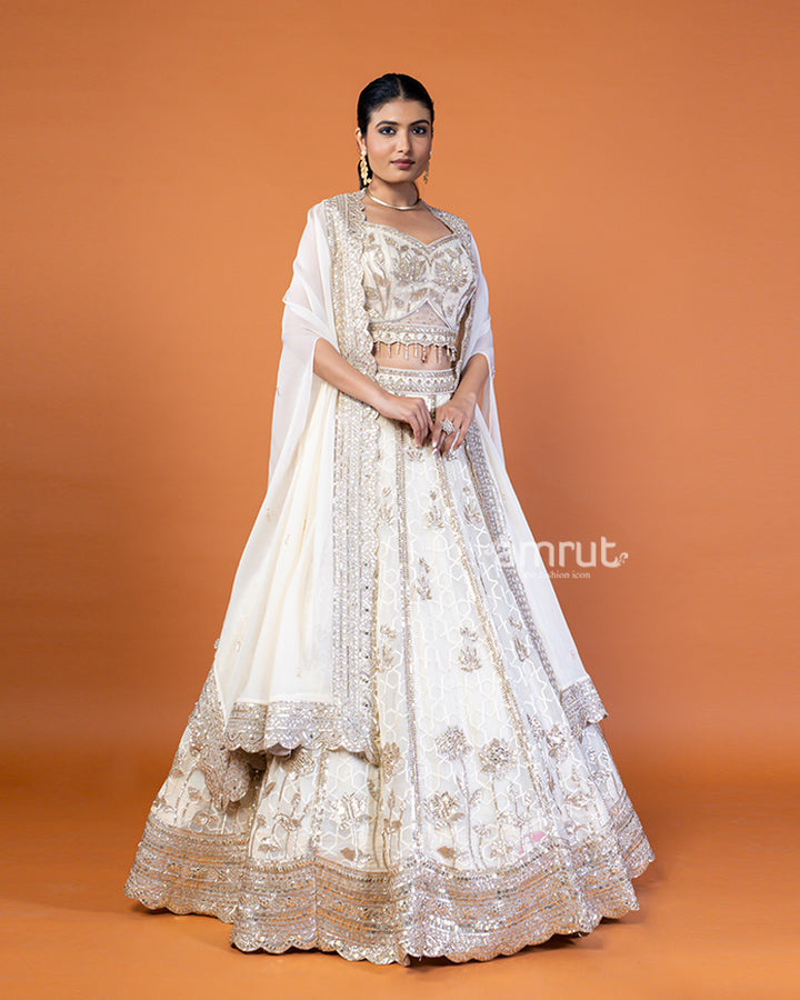 Ivory Sequin Embellished Lehenga Choli with Shrug-Style Dupatta