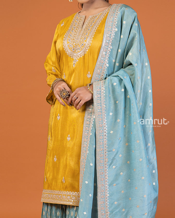 Yellow and sky-blue Zari Buti embellished salwar kameez