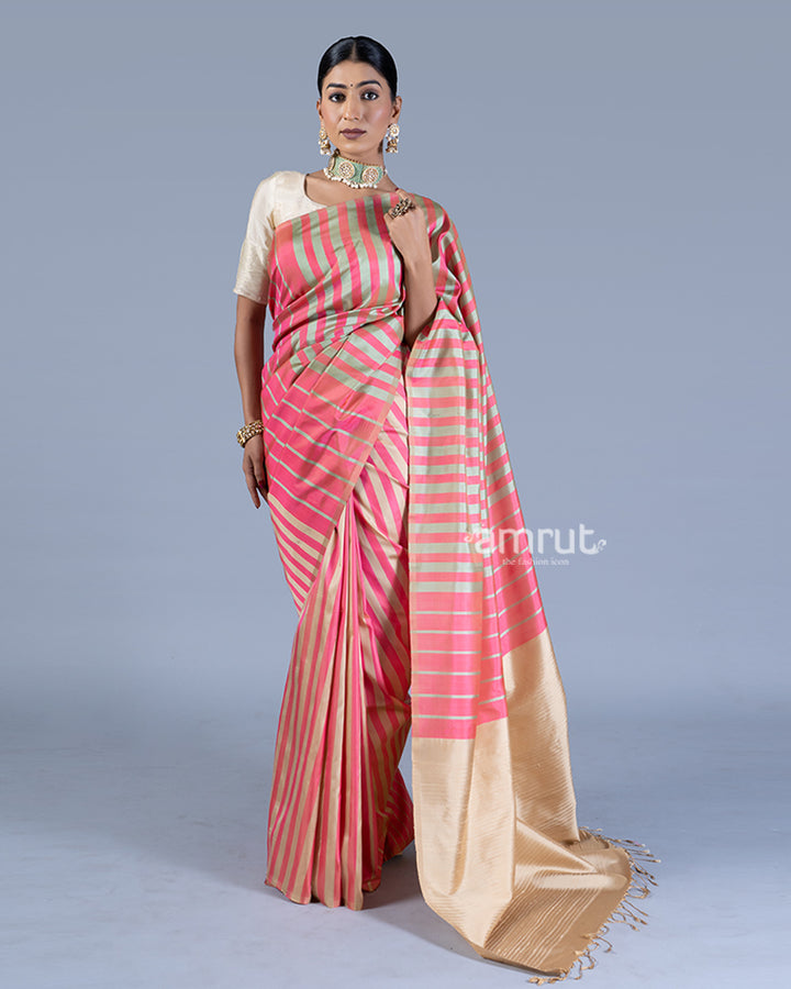 Pink and Beige Striped and Fringe Trim Saree with unstitched blouse