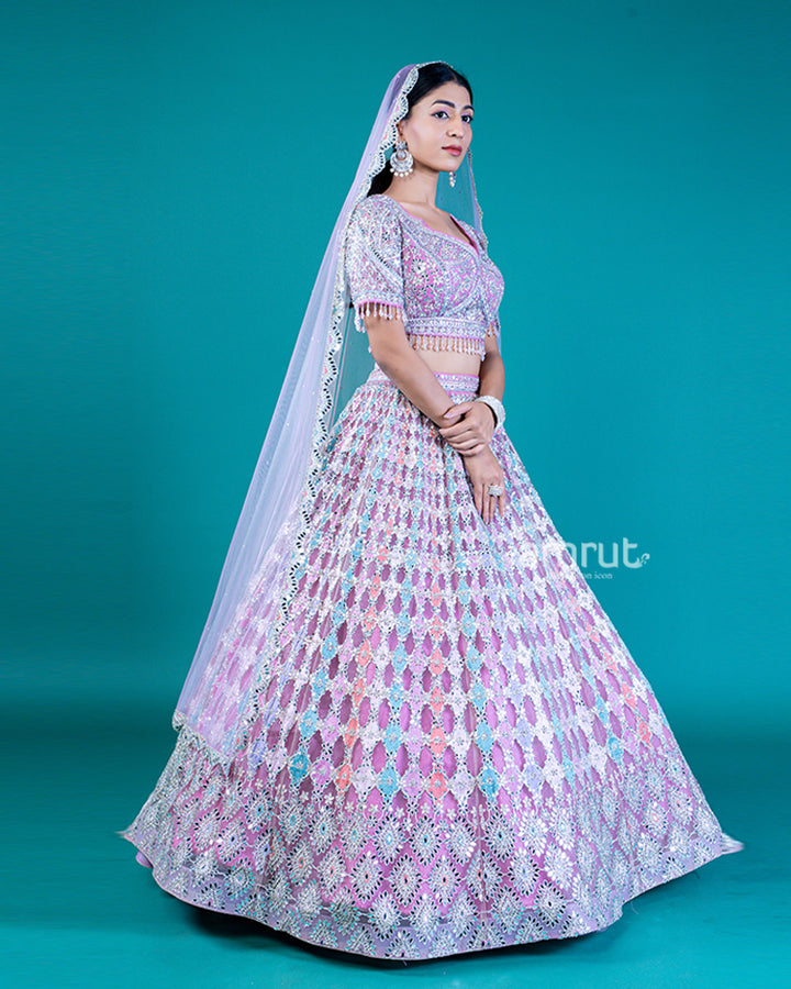 Pastel Embellished A-Line Lehenga with Sweetheart Neckline Choli and Sheer Lilac Dupatta