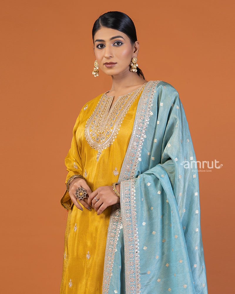 Yellow and sky-blue Zari Buti embellished salwar kameez