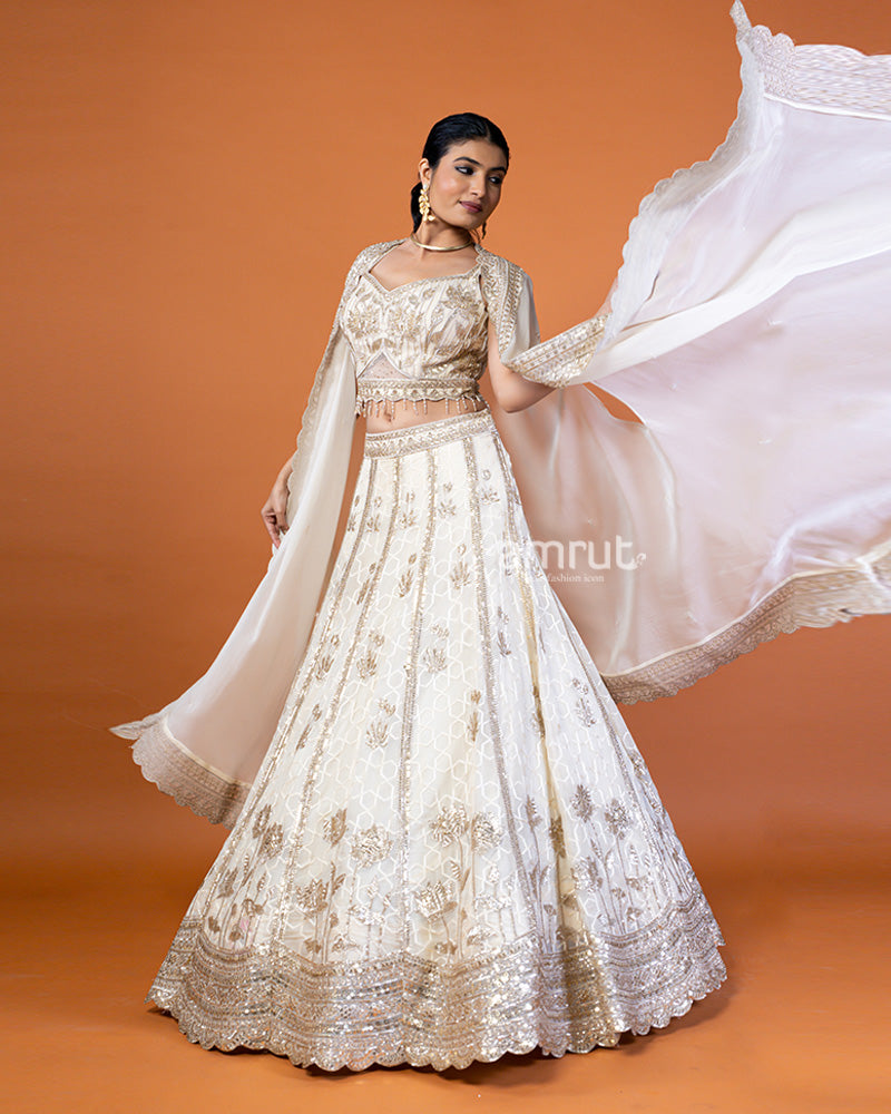 Ivory Sequin Embellished Lehenga Choli with Shrug-Style Dupatta