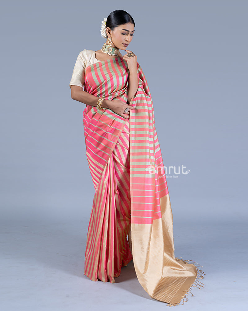 Pink and Beige Striped and Fringe Trim Saree with unstitched blouse