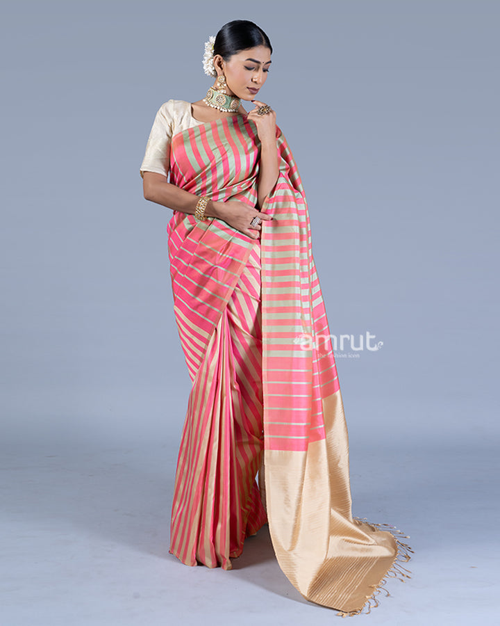 Pink and Beige Striped and Fringe Trim Saree with unstitched blouse