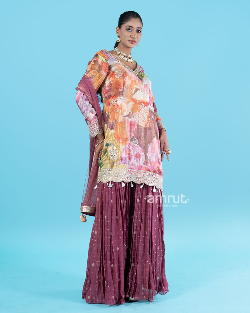 Floral Printed Kameez with Embellished Maroon Salwar and  Dupatta