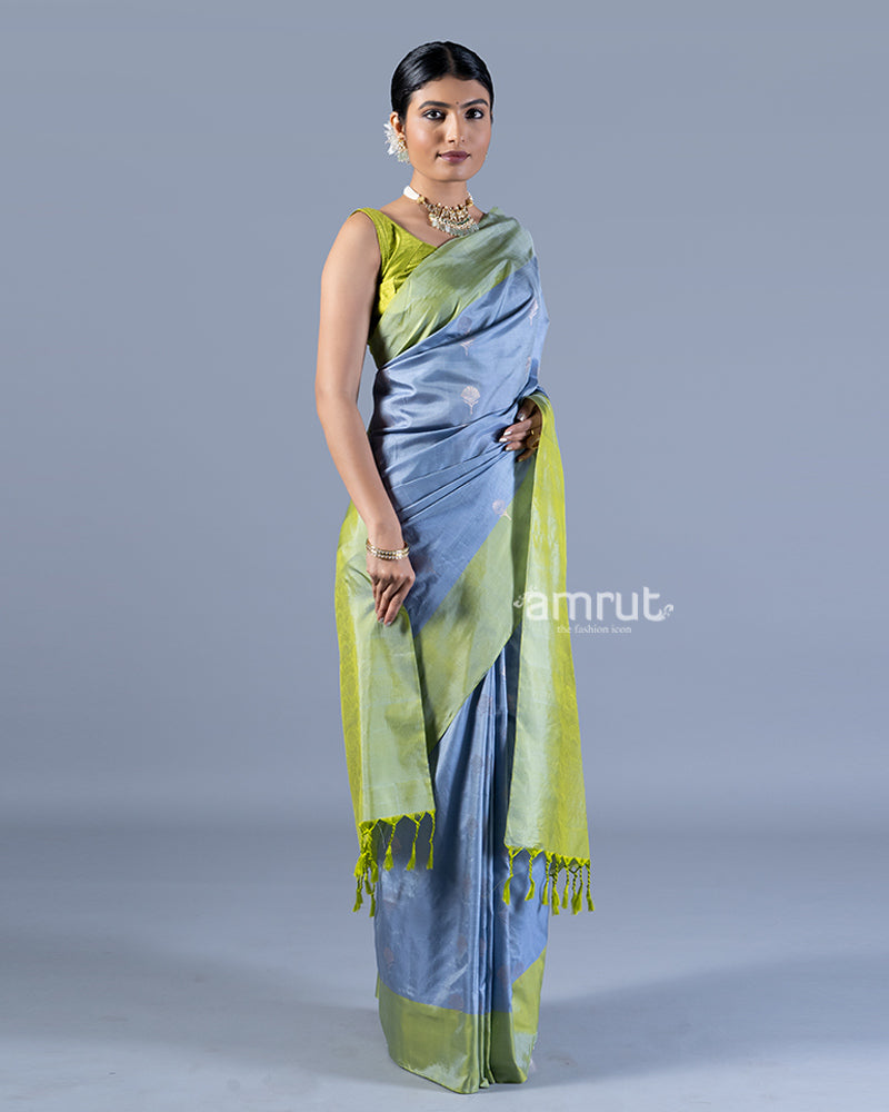 Light Blue and Lime Green Silver Zari Woven Embellished Silk Saree with unstitched blouse