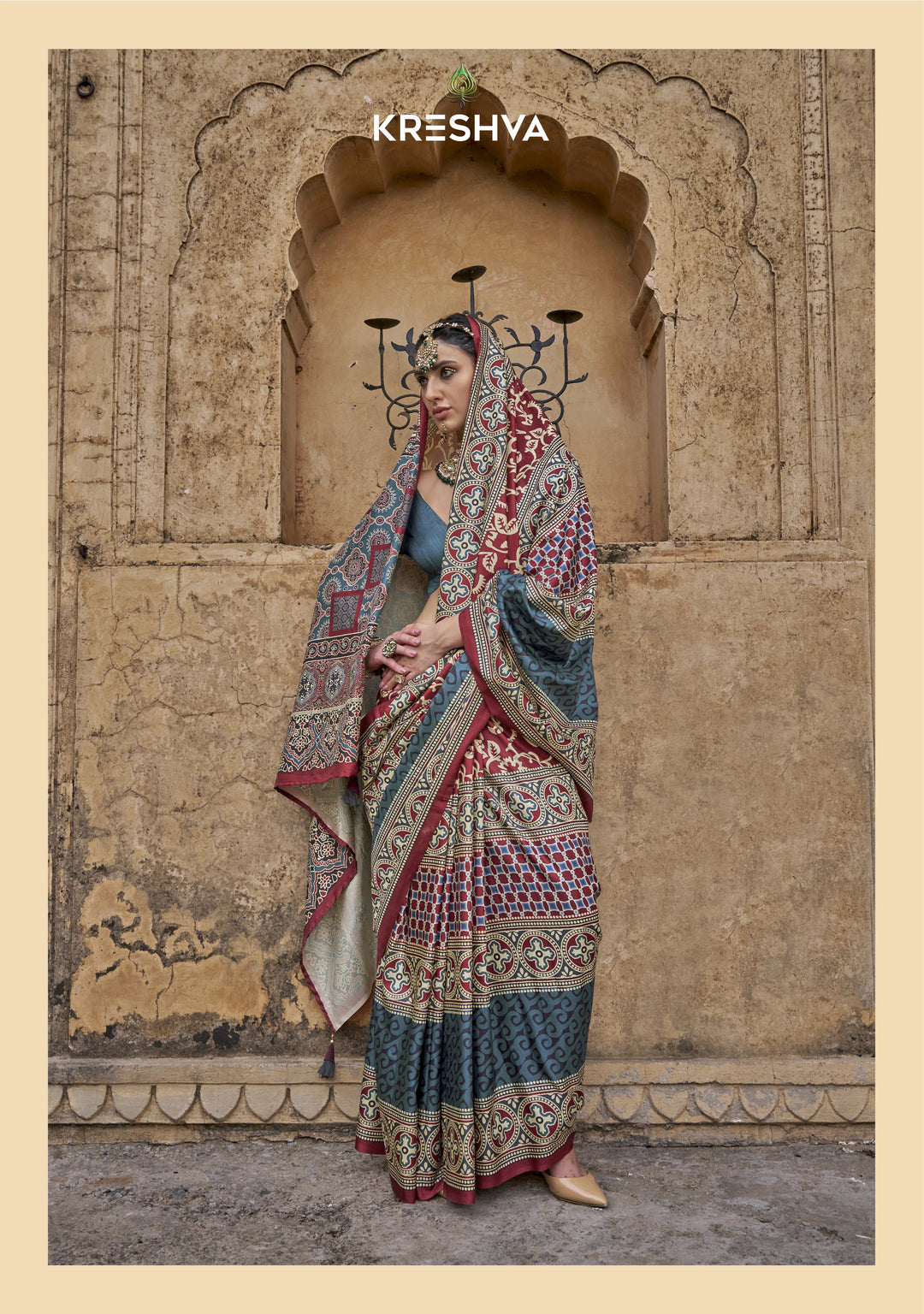 Teal Blue & Maroon Ajrakh Printed Saree with Traditional Heritage Motifs