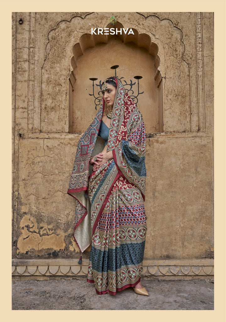 Teal Blue & Maroon Ajrakh Printed Saree with Traditional Heritage Motifs