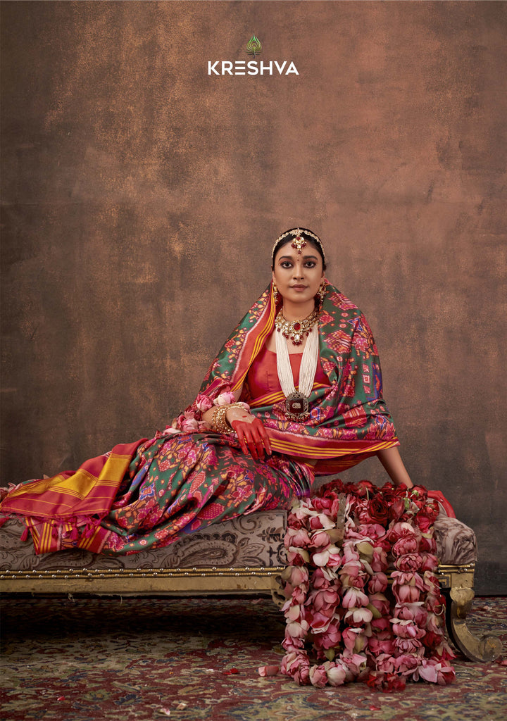 Green Patan Patola Silk Saree with Multicolour Ikat Motifs P84