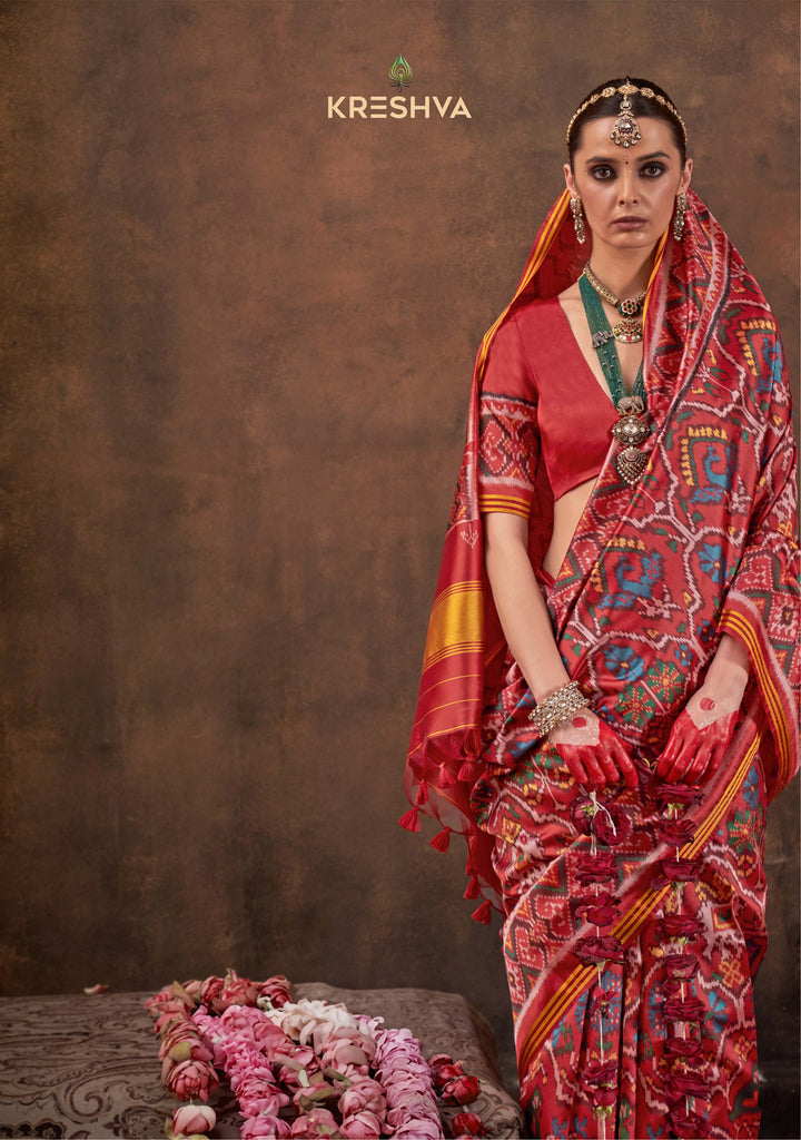 Red Patan Patola Soft Silk Saree with Traditional Ikat Weaving 104