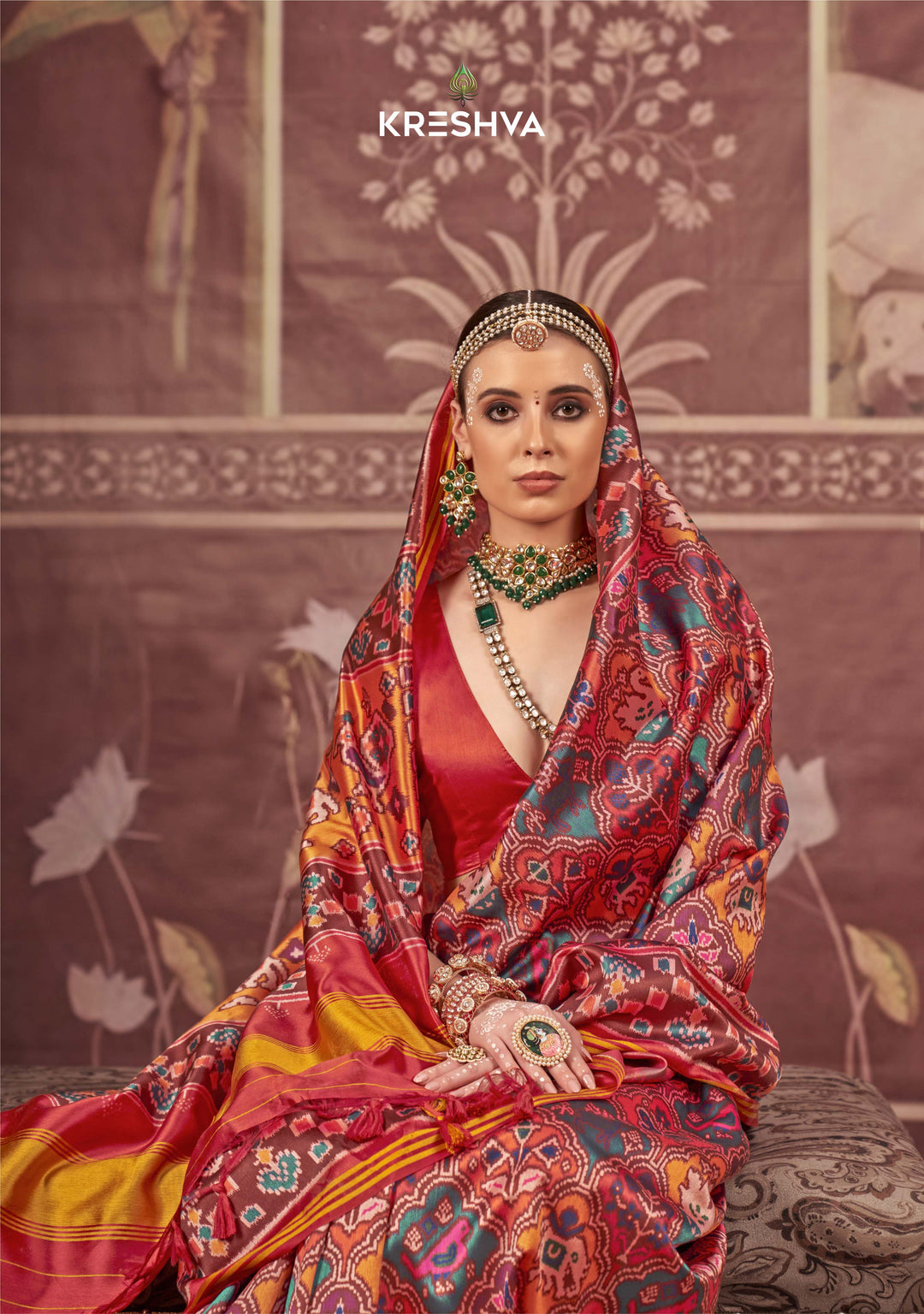 Red & Yellow Patan Patola Silk Saree with Multicolour Ikat Motifs P46