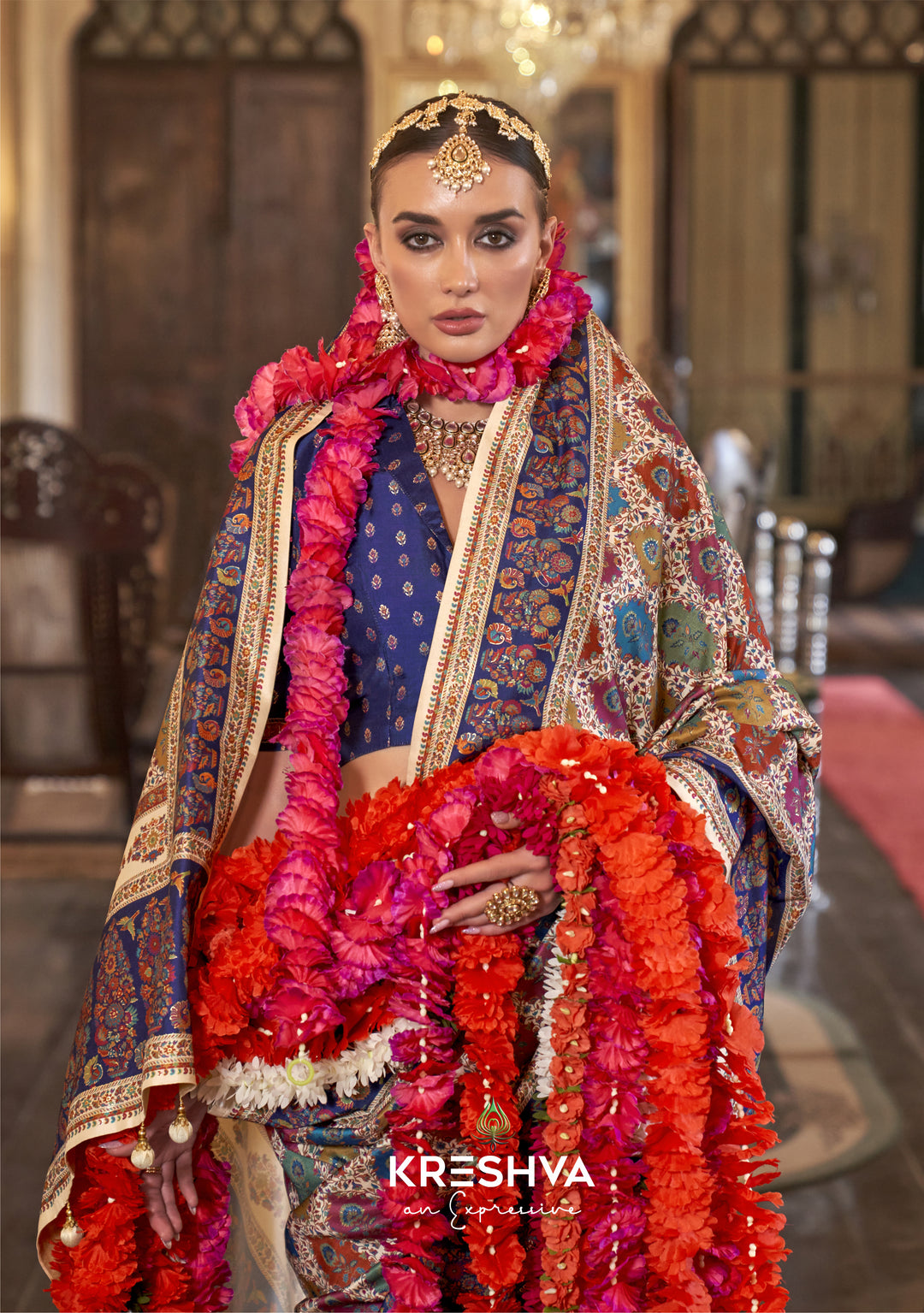 Royal Cream Pashmina Inspired Heritage Designer Saree