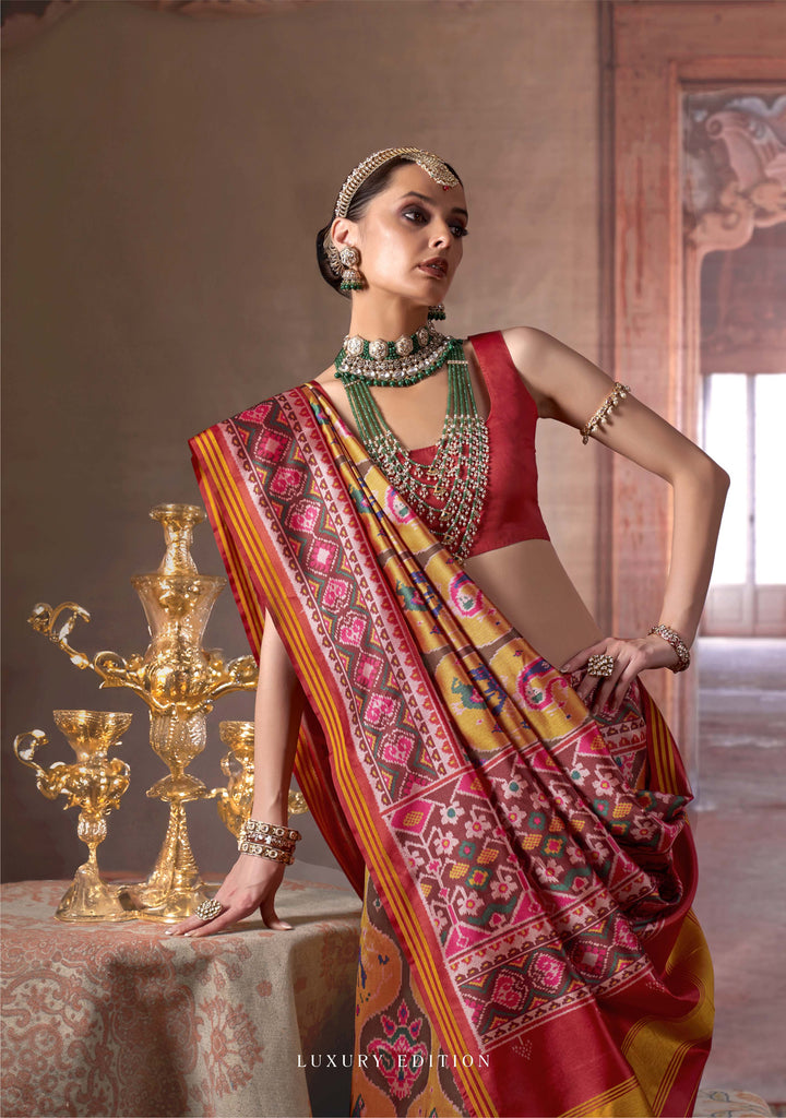 Yellow Patan Patola Luxury Soft Silk Saree with Traditional Multicolour Ikat Weaving P42