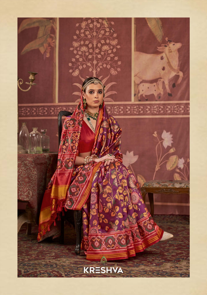 Wine & Maroon Patan Patola Silk Saree with Multicolour Floral & Ikat Weave P79