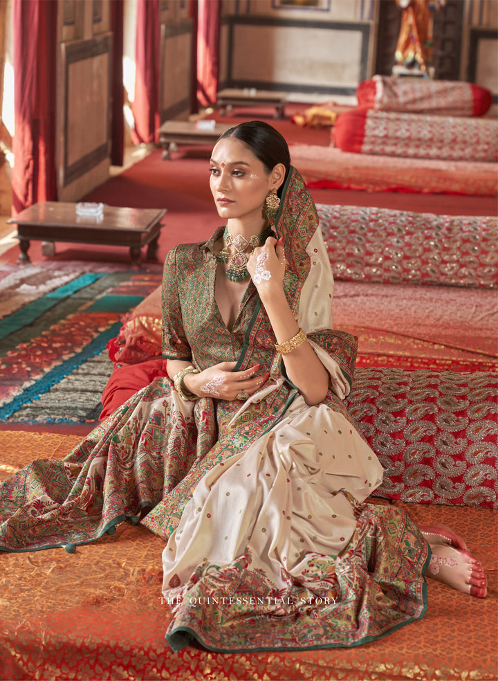 Royal Rajtilak  Pashmina Inspired Heritage Print Cream Saree with Traditional Folk Border