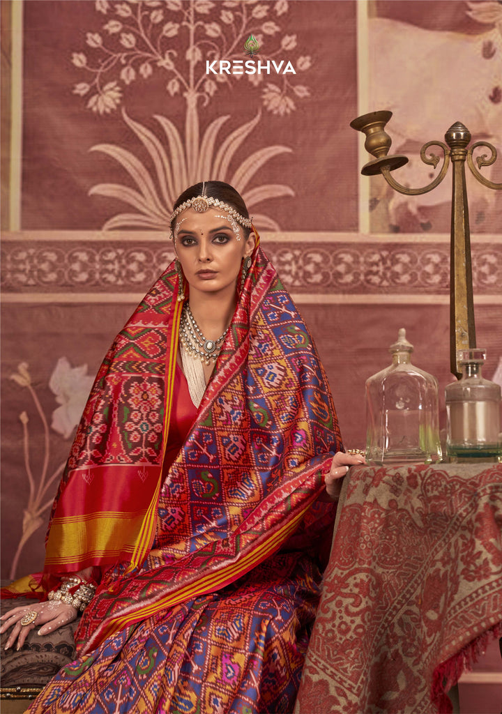 Blue & Maroon Patan Patola Soft Silk Saree with Traditional Ikat Weaving P28