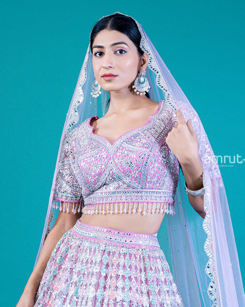 Pastel Embellished A-Line Lehenga with Sweetheart Neckline Choli and Sheer Lilac Dupatta