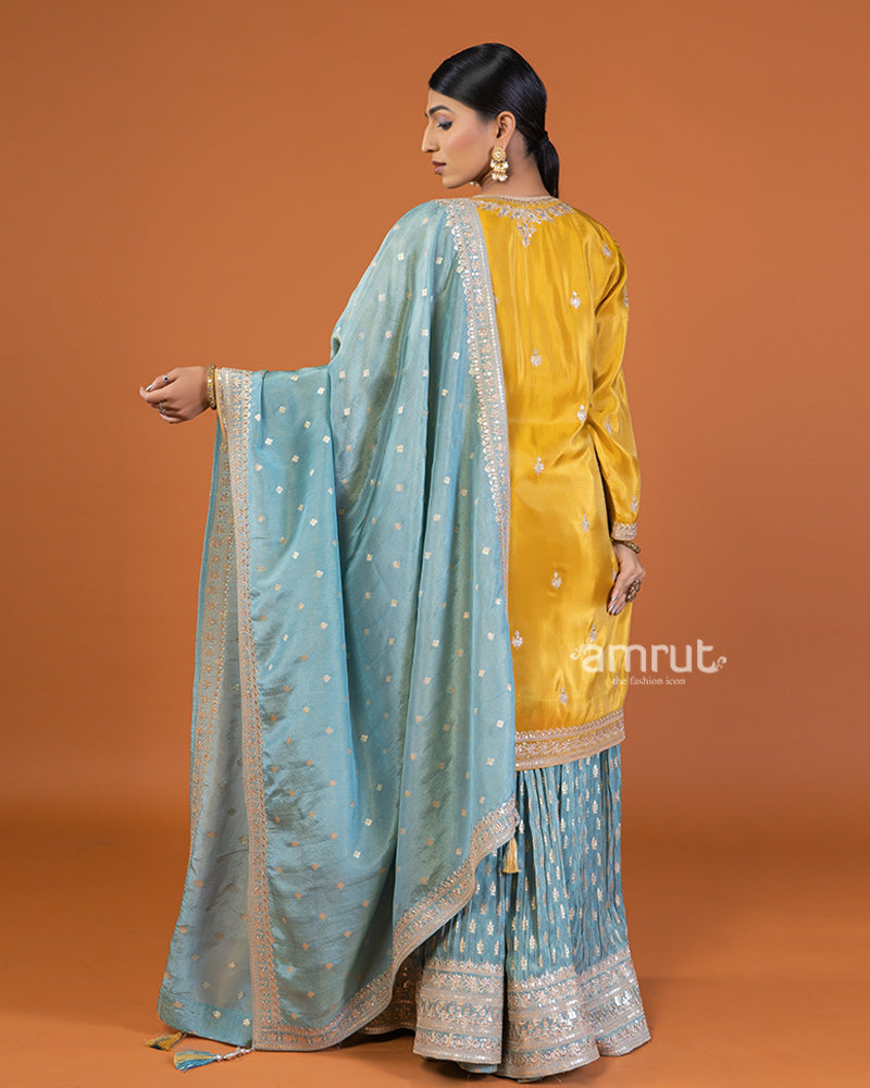 Yellow and sky-blue Zari Buti embellished salwar kameez