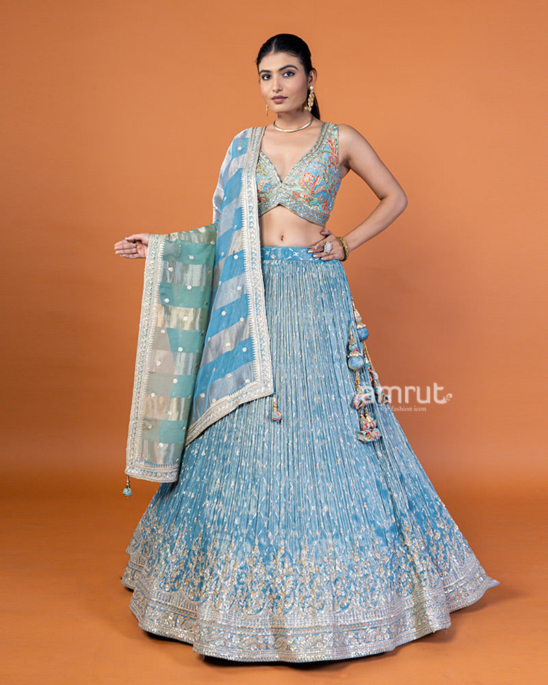 Light Teal-Blue Embroidered Lehenga Choli with Woven Dupatta and Silver-Gold Trim