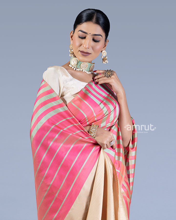 Pink and Beige Striped and Fringe Trim Saree with unstitched blouse