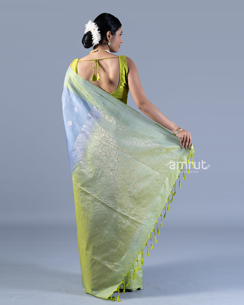 Light Blue and Lime Green Silver Zari Woven Embellished Silk Saree with unstitched blouse