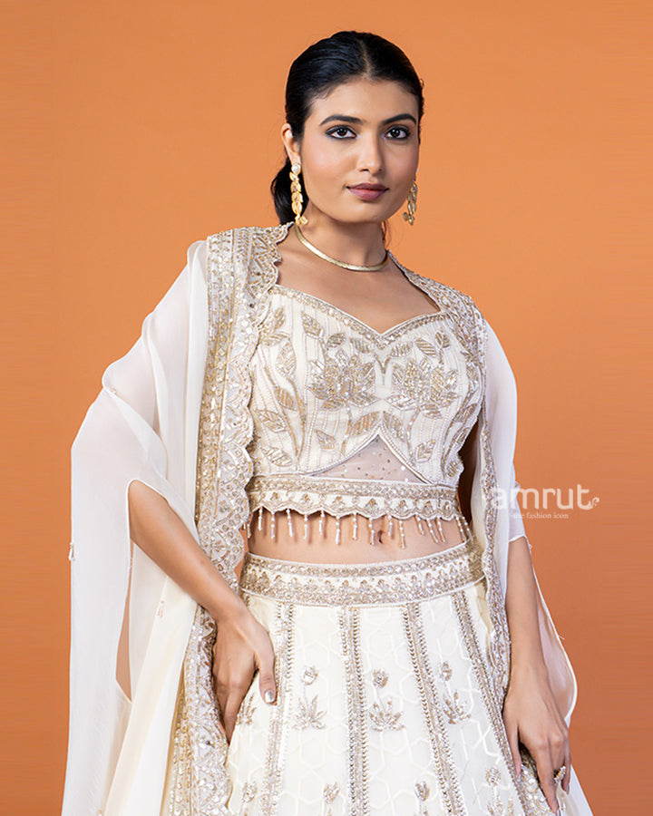 Ivory Sequin Embellished Lehenga Choli with Shrug-Style Dupatta