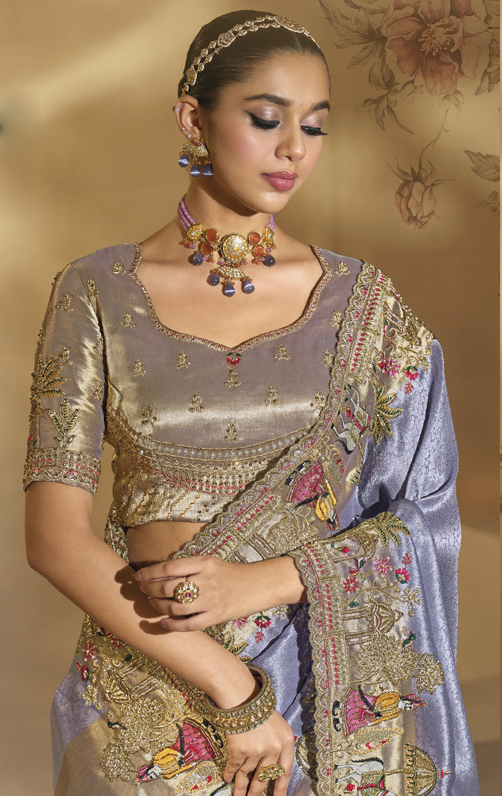 Lavender Grey Heritage Embroidered Designer Saree