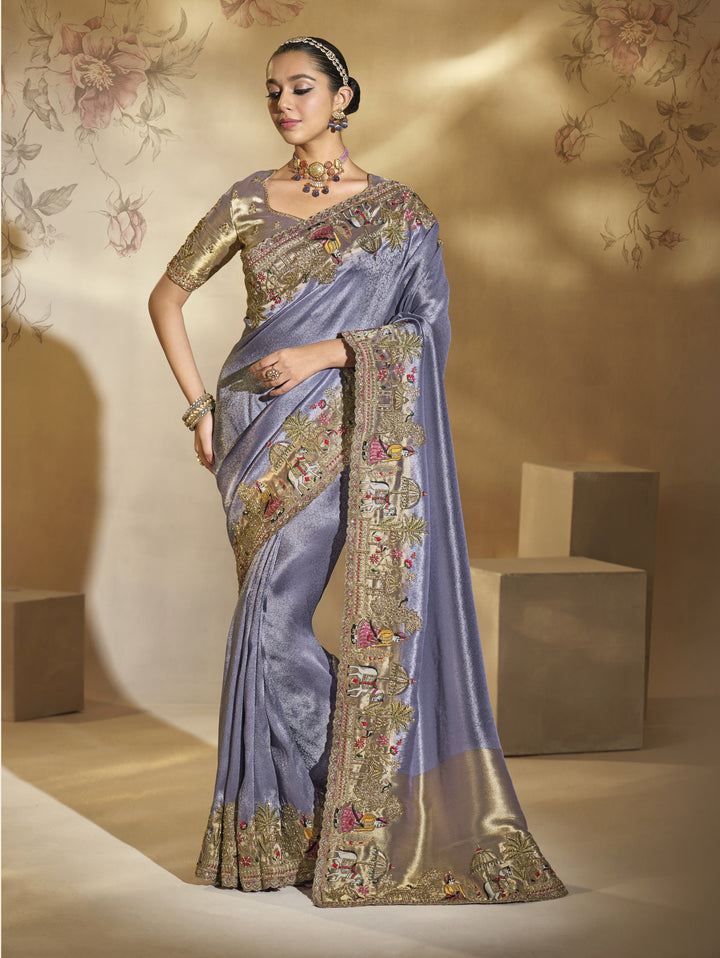 Lavender Grey Heritage Embroidered Designer Saree