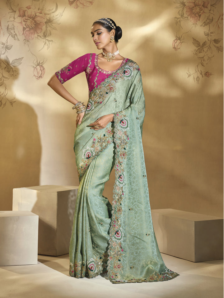 Sea Green & Rani Pink Embroidered Designer Saree