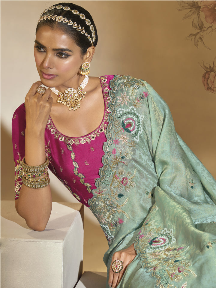 Sea Green & Rani Pink Embroidered Designer Saree