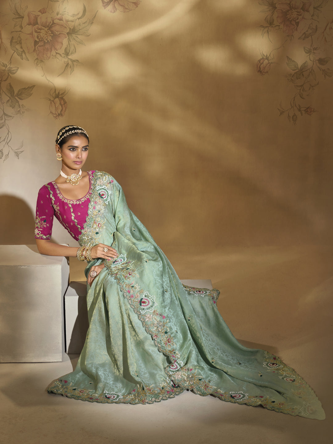 Sea Green & Rani Pink Embroidered Designer Saree