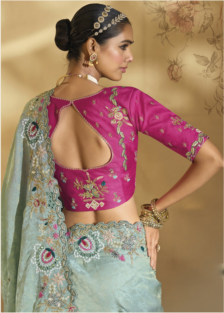 Sea Green & Rani Pink Embroidered Designer Saree