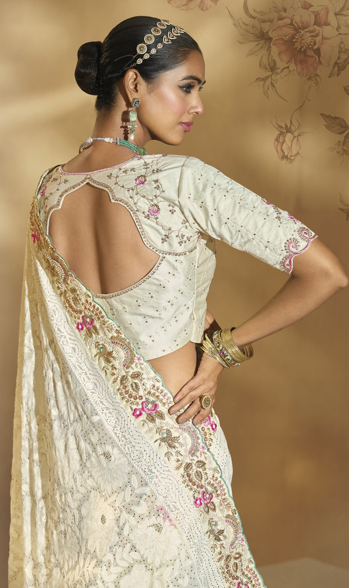 Ivory White Floral Embroidered Designer Saree