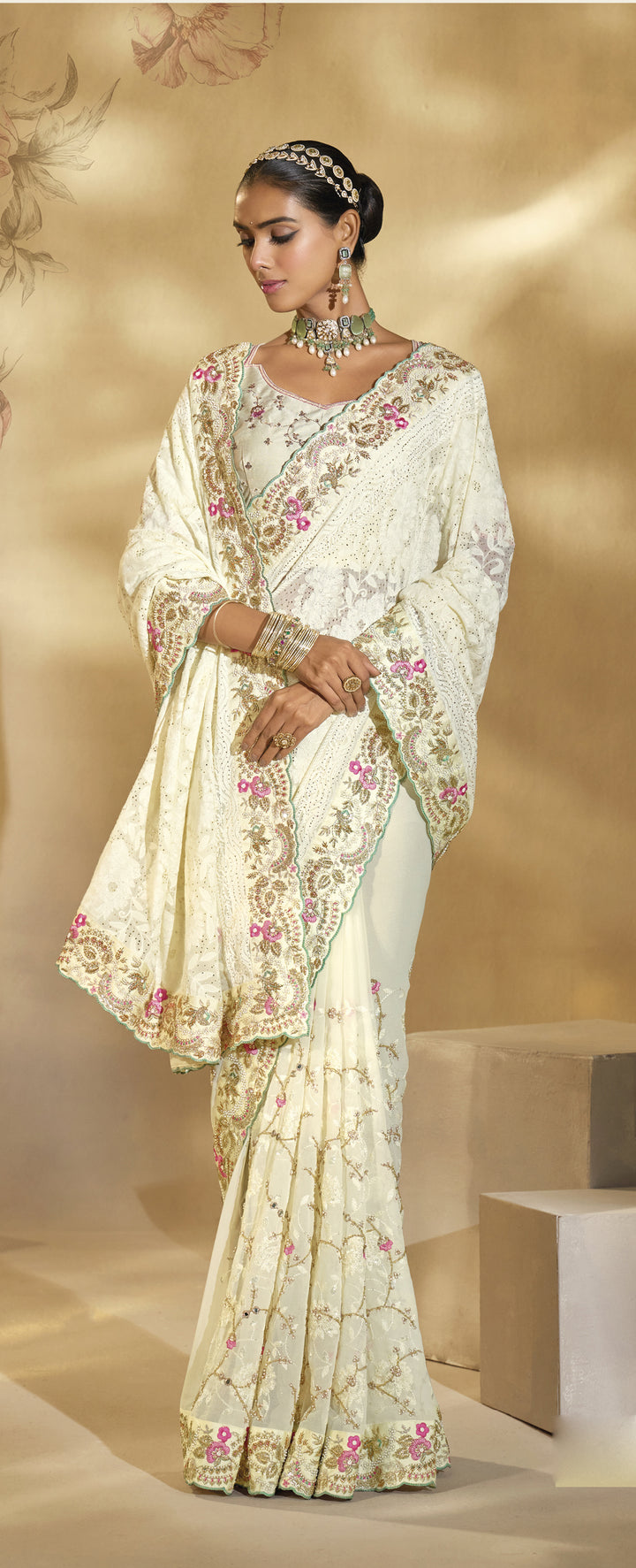 Ivory White Floral Embroidered Designer Saree